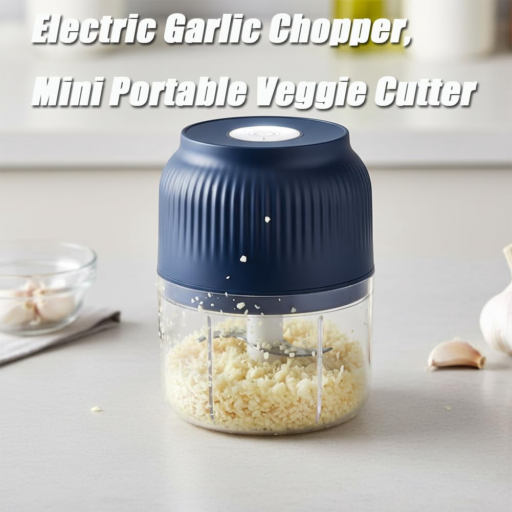 300ml Electric Garlic Chopper, Mini Portable Veggie Cutter with 4 Sharp Stainless Steel Blades, Compact One-Touch Food Processor Easy to Clean