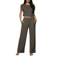 thumbnail image 2 of YueHuiYing Fashion Women Solid Color Loose Tight Waist Round Neck Short Sleeves Straight Cylinder Pants Sets, 2 of 5