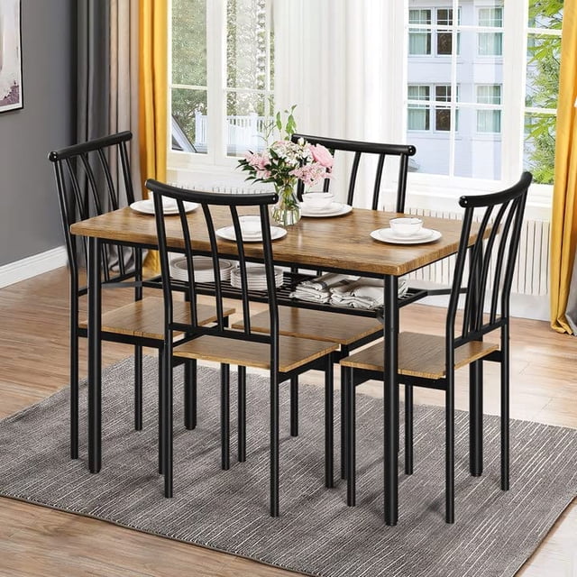 Bingirl Dining Table Set for 4 Metal and Wood Indoor Modern Rectangular 5-Piece Dining Table Furniture Set (Rustic Brown)