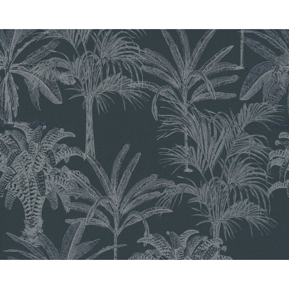 Concord Wallcoverings Textured Wallpaper Floral Palms Leaves, Black Gray, 21 In x 33 Ft (56 sq. ft), 379832