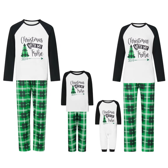 Family Matching Christmas Pajamas, Romper/Letter Print Long Sleeve Tops and Plaid Pants Loungewear Set