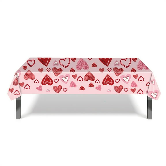 Darzheoy Valentines Day Tablecloth, 54 x 108 Inch Plastic Table Cover, Pink Heart Tablecloth for Wedding Anniversary, Valentines Day Decorations