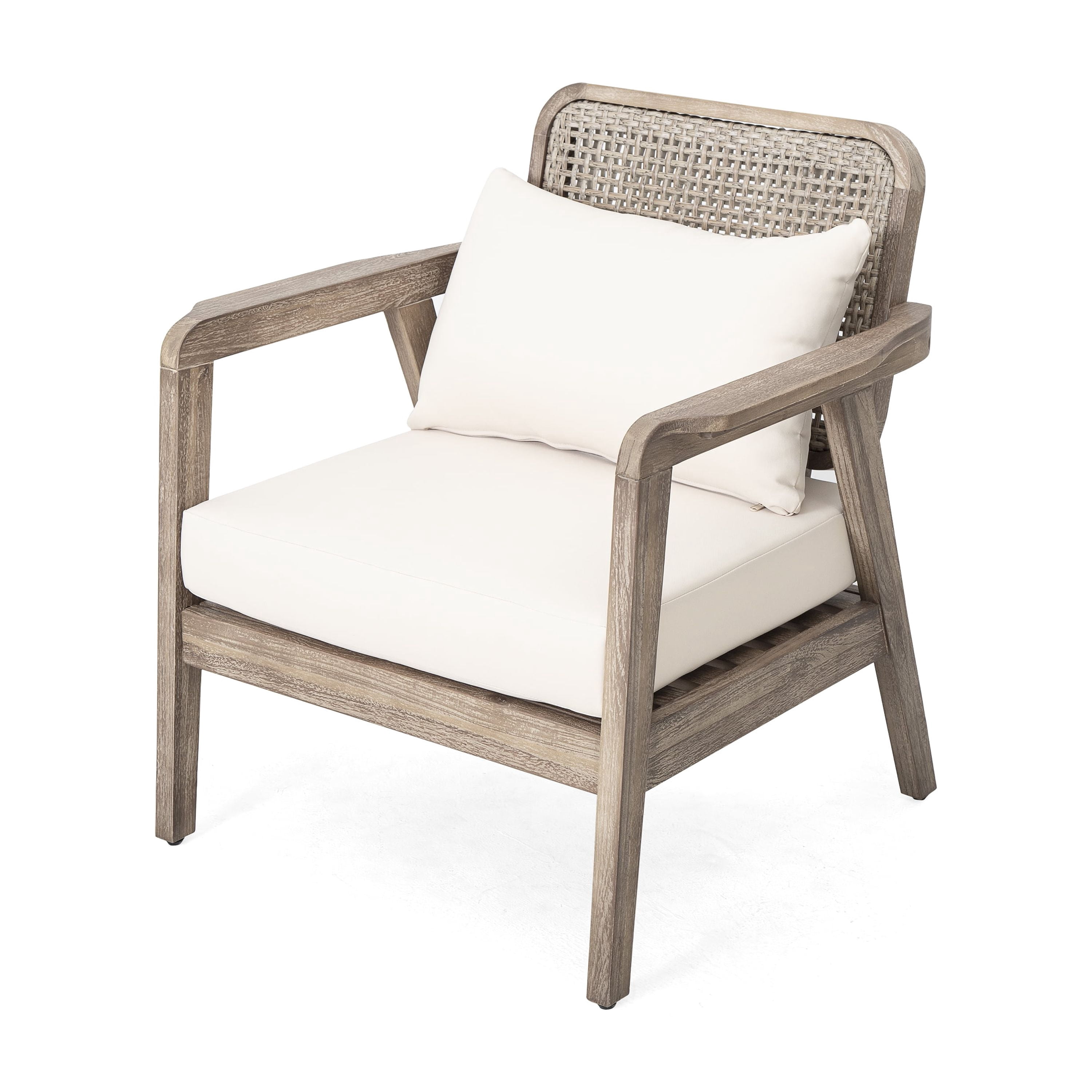 Outdoor Acacia Wood Patio Club Chair, Patio Furniture Waterproof Thick Cushion for Porch Garden, Light Brown and Cream