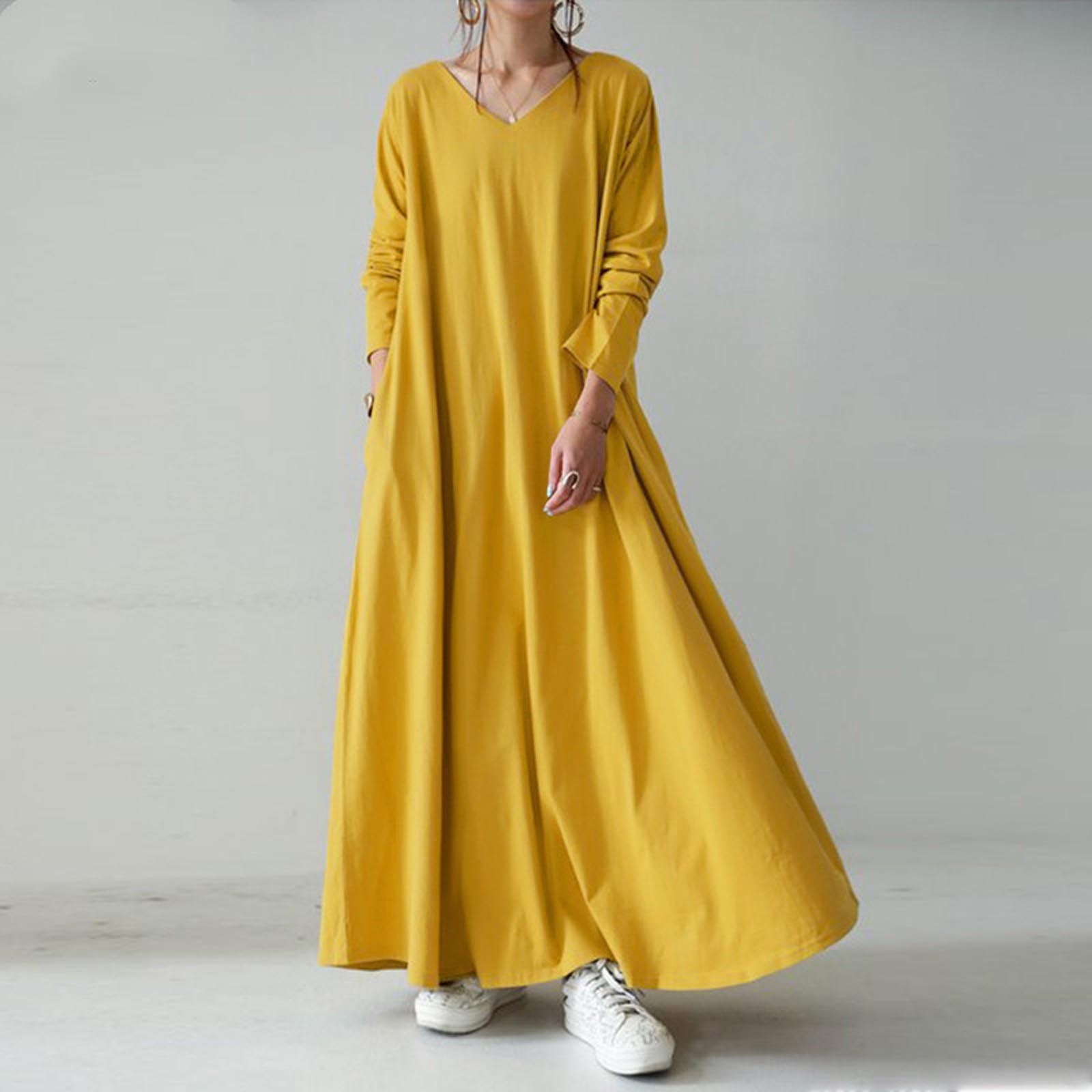 JGGSPWM Women's Long Sleeve Cotton Maxi Dress V Neck Side Pockets Casual Plus Size Daily Vacation Dresses Yellow 4XL