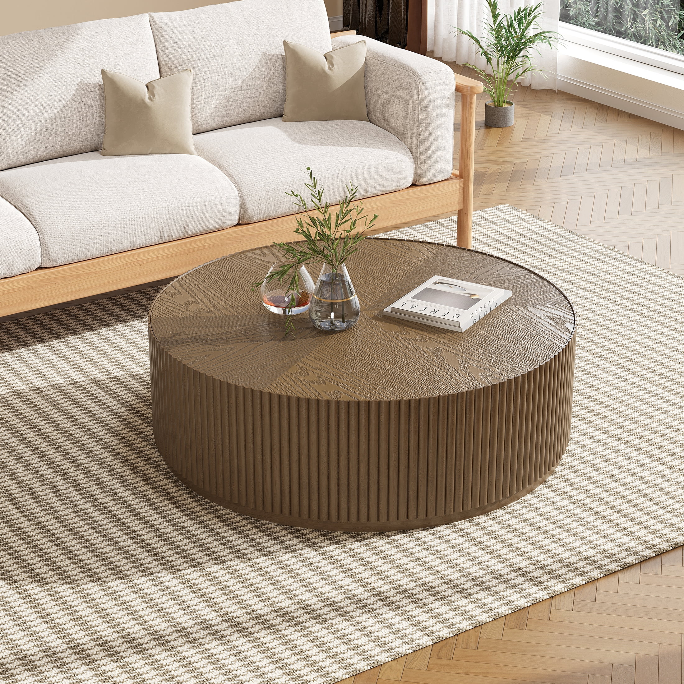 Gelloan 35" Round Coffee Table with Two Drawers，Circle Coffee Table Space-Saving Multiple Purpose for Living Room，Dining Room and Home,Brown