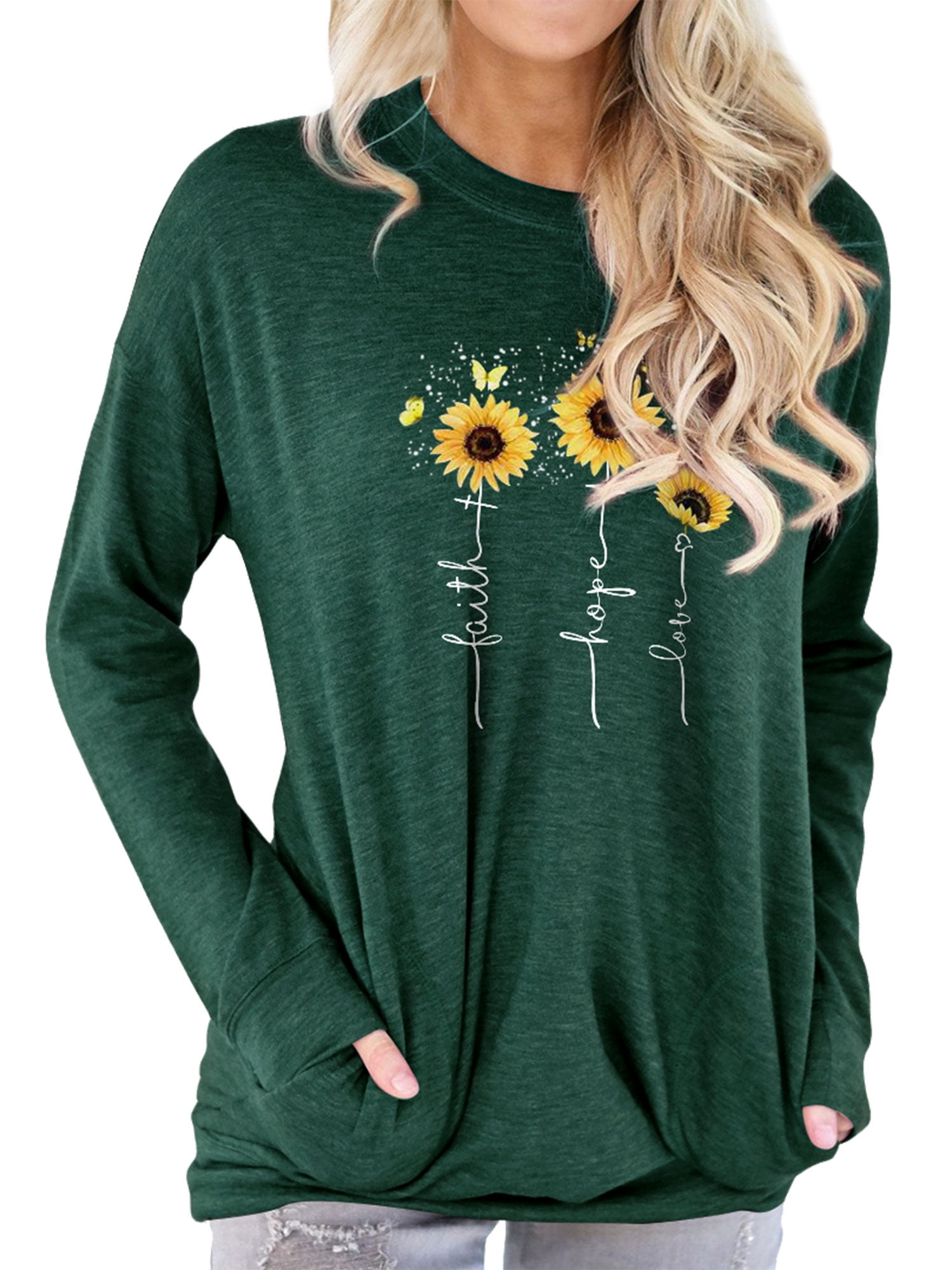 TWZH Women Faith Hope Love Letter Sunflower Print O Neck