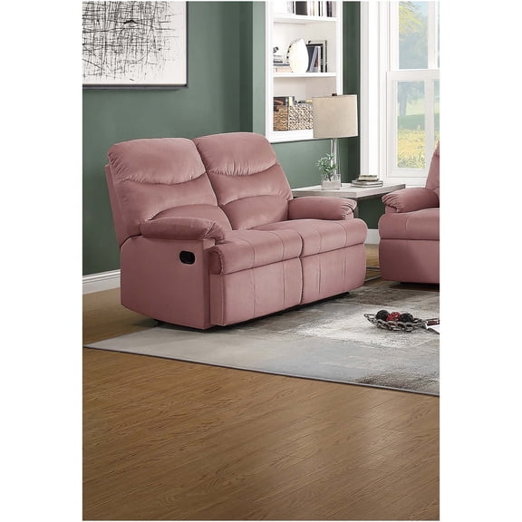 JERFIT Pink Velvet Reclining Loveseat Sofa with Manual Recliners, Plush Tufted Back and Arm Pillows for Living Room