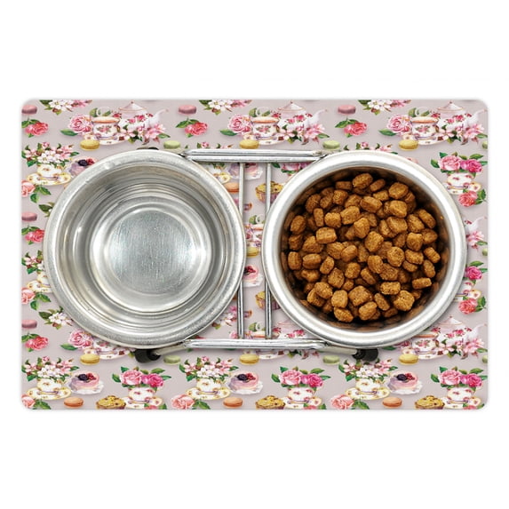 Tea Pet Mat for Food and Water, British Design Old Vintage Retro Image of Antique Tea Set Print, Non-Slip Rubber Mat for Dogs and Cats, 18" X 12", by Ambesonne