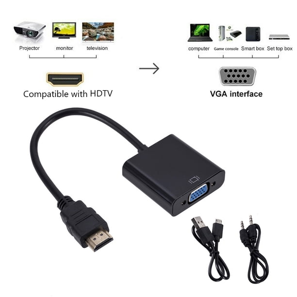 Cable de alimentación de audio compatible con HDMI a VGA convertidor macho hembra con + negro