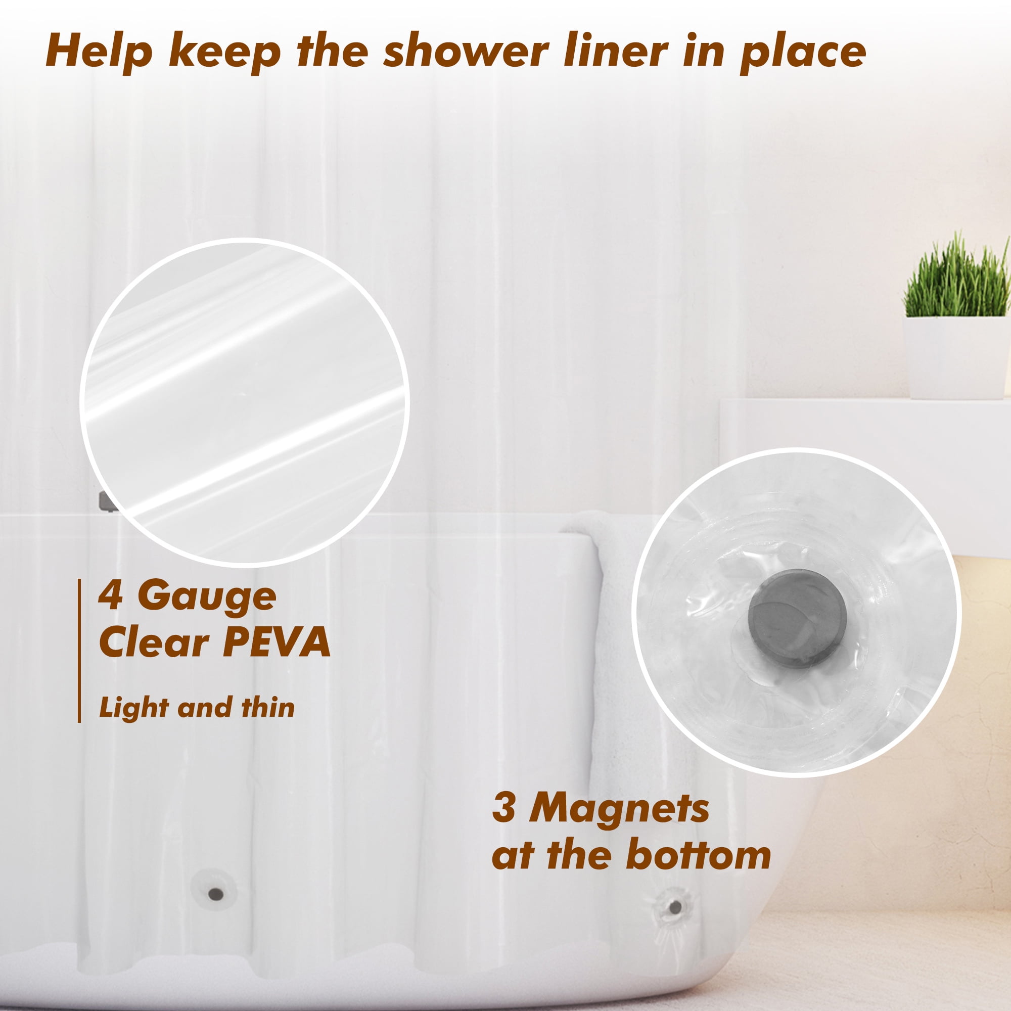 Mrs Awesome Waterproof PEVA Plastic Shower Curtain Liner Clear with Magnets, Lightweight -72" x 72"
