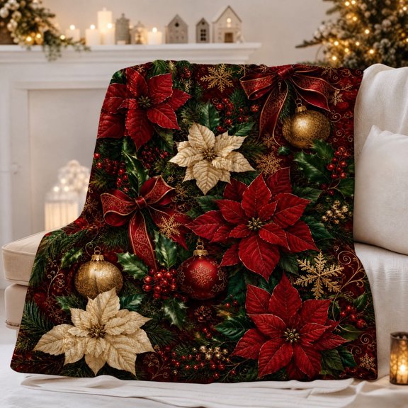 Christmas Throw Blanket Red Poinsettia Print Soft Warm Cozy Flannel Blanket For Couch Sofa Bed Indoor Holiday Christmas Home Decorations 130x150cm Gift Event Cozy Winter Festive