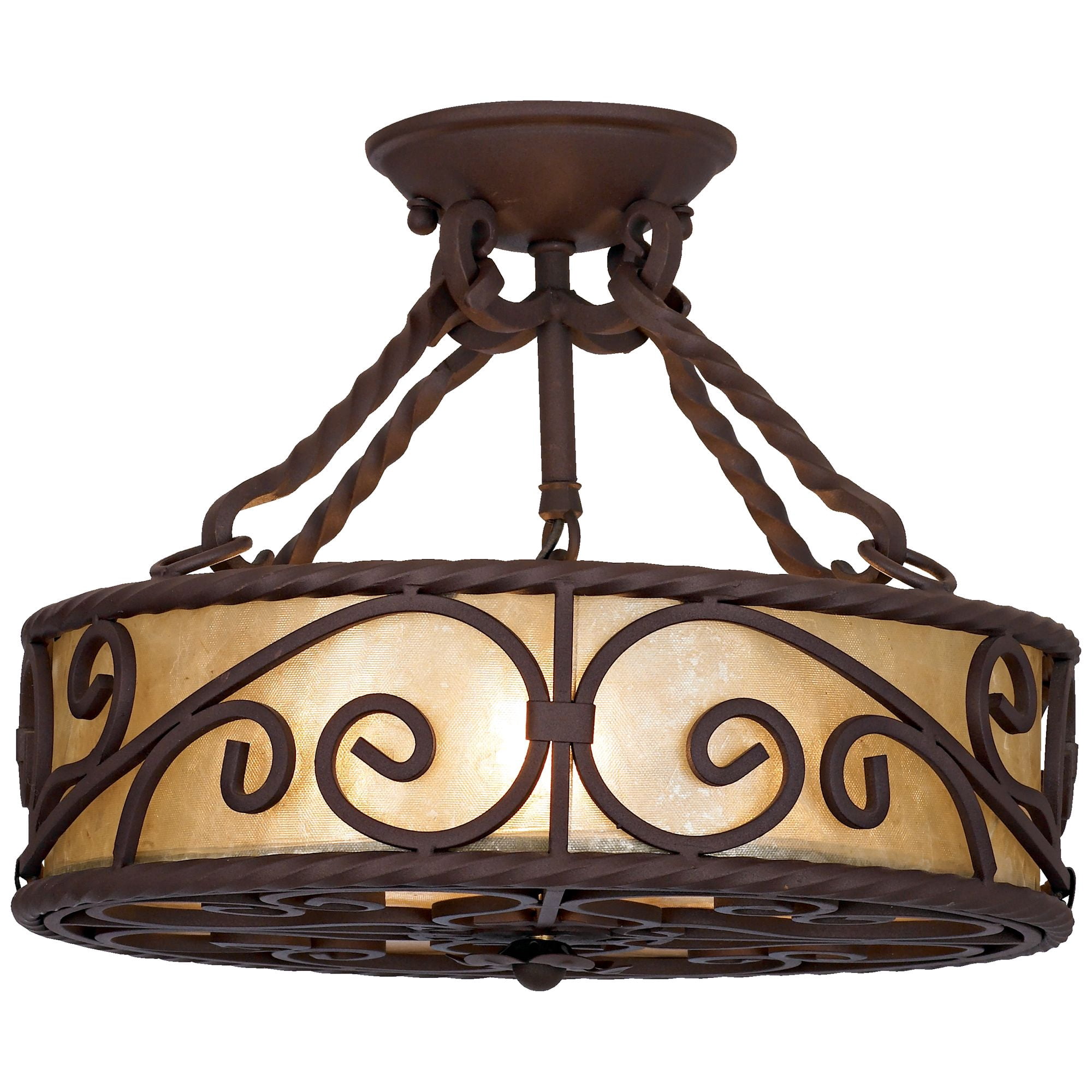 John Timberland Natural Mica Rustic Ceiling Light Semi Flush Mount Fixture 15" Wide Deep Walnut Scroll 3-Light Drum Shade for Bedroom Living Room Home