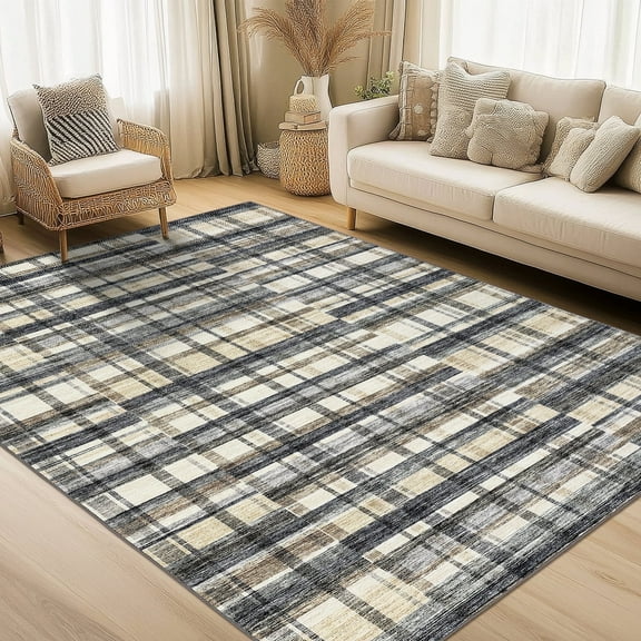Geetinfly 8x10 Area Rugs Modern Striped Geometric Rug Washable Abstract Plaid Rug for Living Room Non-Slip Backing Stain Resistant Rug Low Pile Floor Carpet for Dining Room Home Office Blue