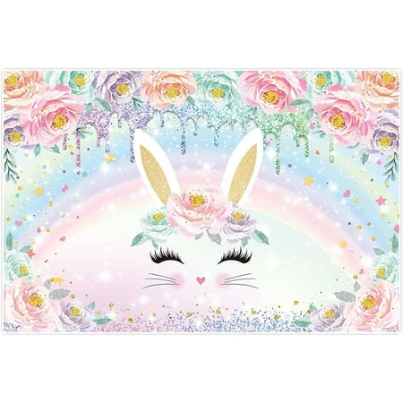 Joywei68 X 45 Toile De Fond De Fete De Lapin Rose Pour La Photographie Fond De Lapin Floral De Paques Tournant Une Fleurs Banniere Arc En Ciel Fille Baby Shower 1er Anniversaire Decoration