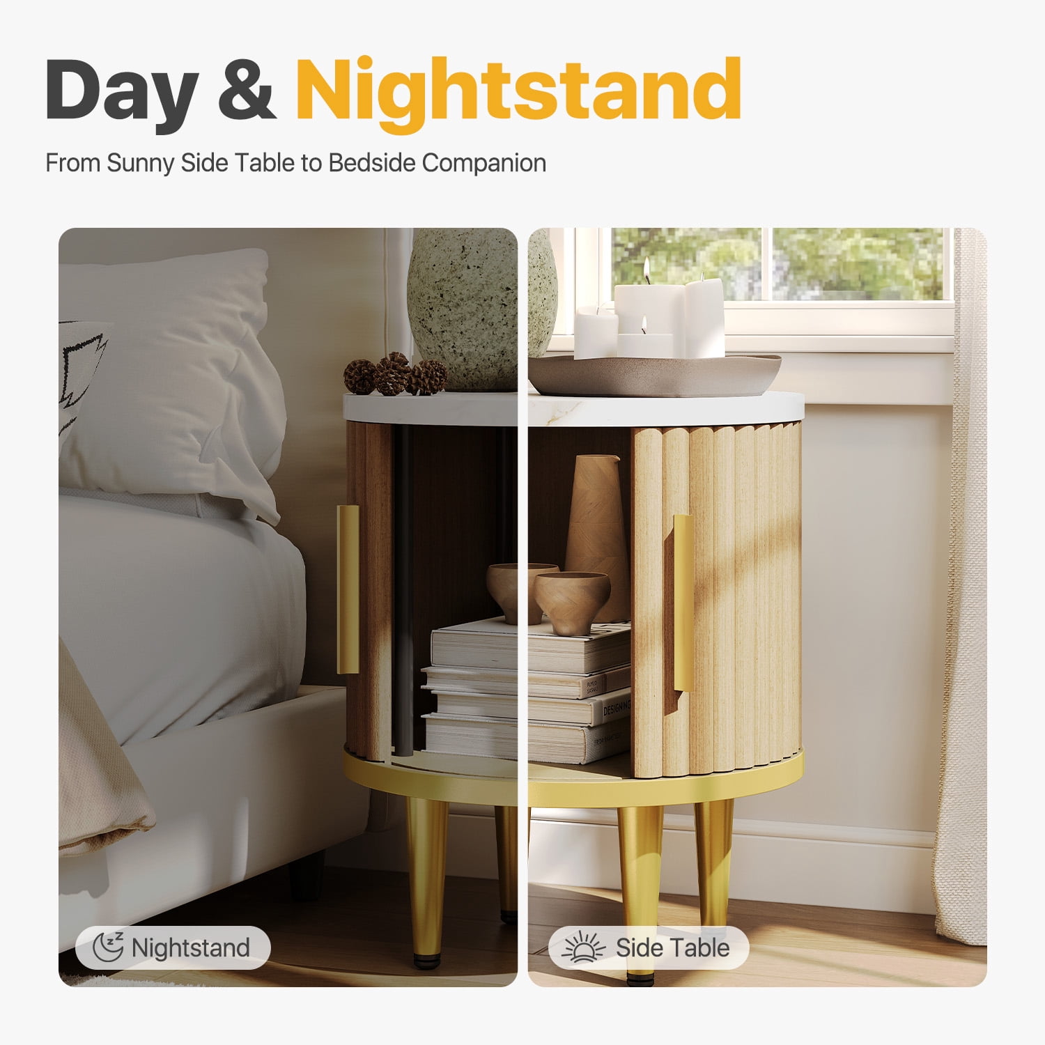 Sonegra Fluted Nightstand Set of 2, Modern Side Table with Faux Marble Top and Metal Handle, Boho Bedside End Table with Sliding Door and Curved Corners for Bedroom,Living Room, Natural Oak