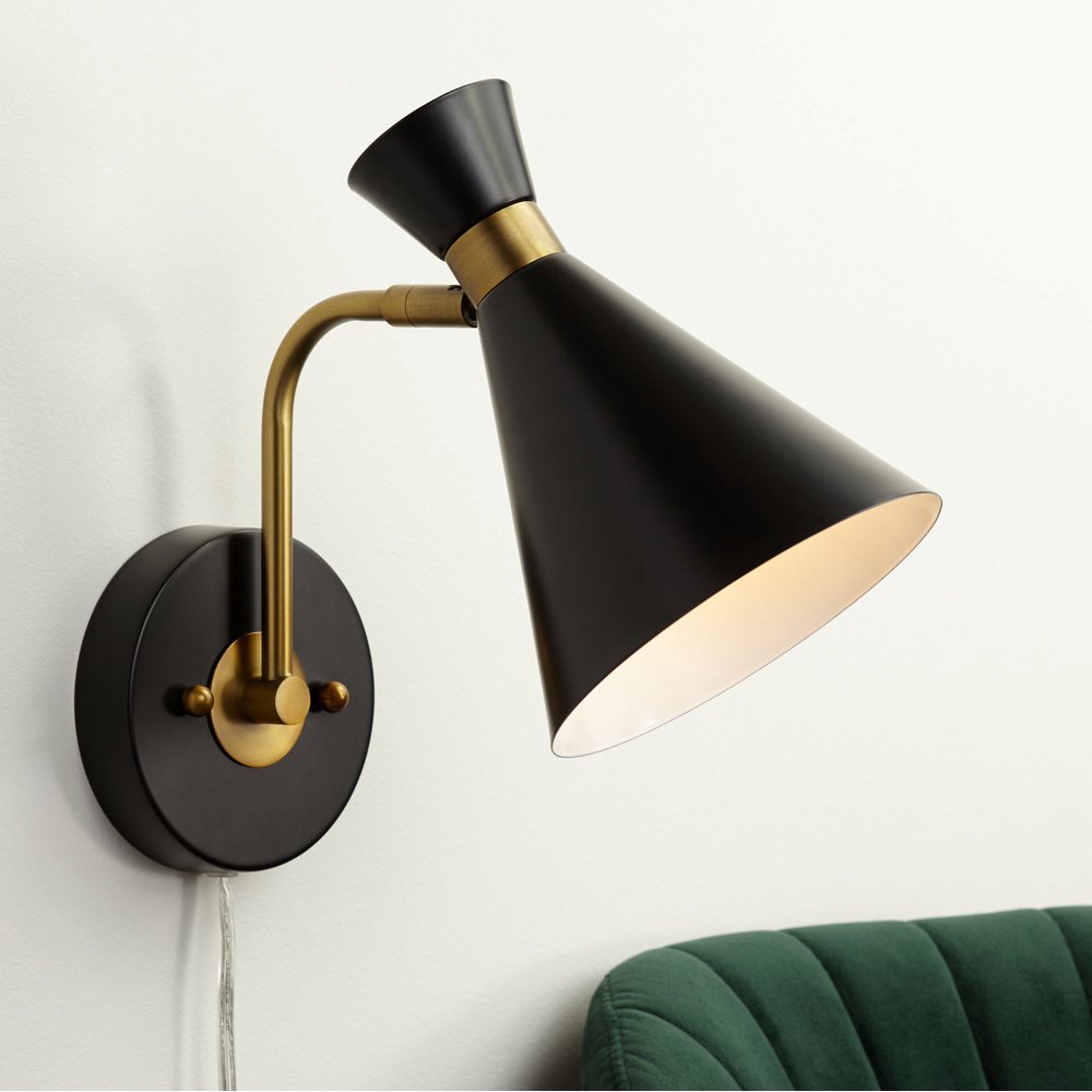 360 Lighting Mid Century Modern Wall Lamp Matte Black Brass PlugIn Light Fixture Adjustable