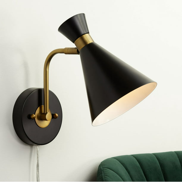 360 Lighting Mid Century Modern Wall Lamp Matte Black Brass Plug-In Light  Fixture Adjustable Metal Cone Shade Living Room Bedroom