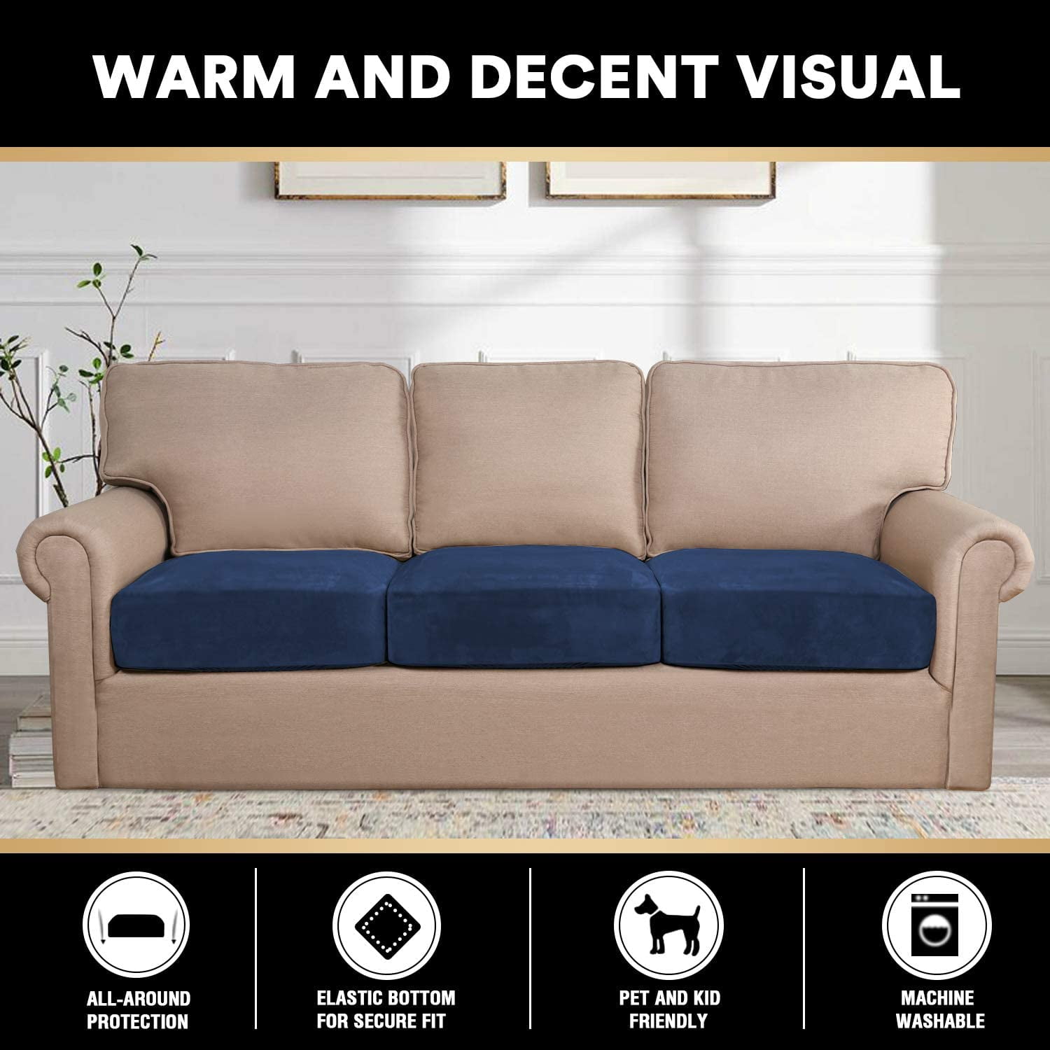 Velvet Stretch Couch Cushion Cover Plush Cushion Slipcover for Chair Sofa Cushion Furniture Protector Seat Cushion Sofa Cover Set of 3
