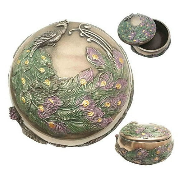 Art Nouveau Beautiful Iridescent Tailed Peacock Round Jewelry Box Trinket Figurine