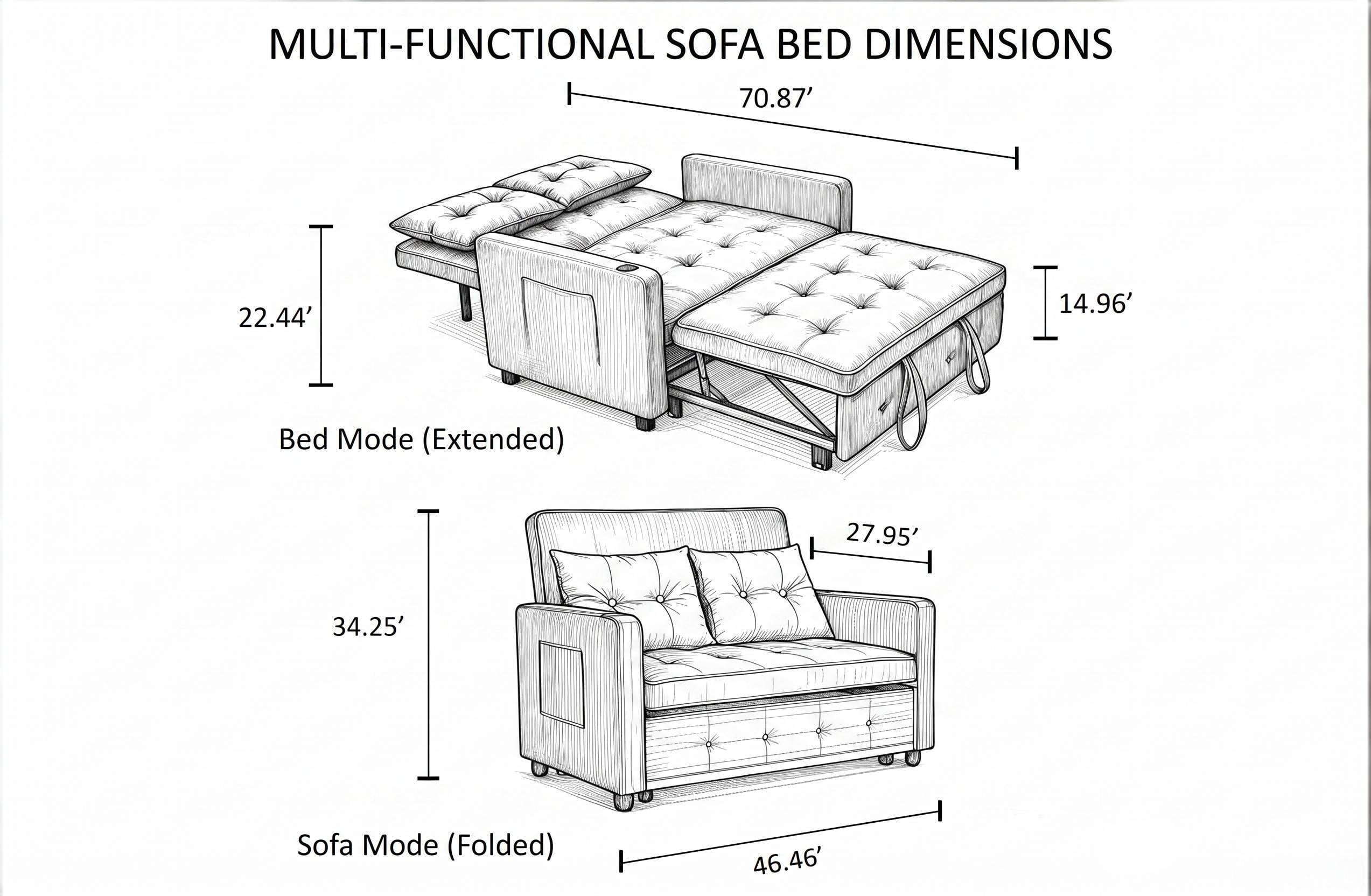 Howcool 3-in-1 Sleeper Chair Convertible Pull Out Bed Adjustable Armchair Sofa Bed with USB & Side Pocket