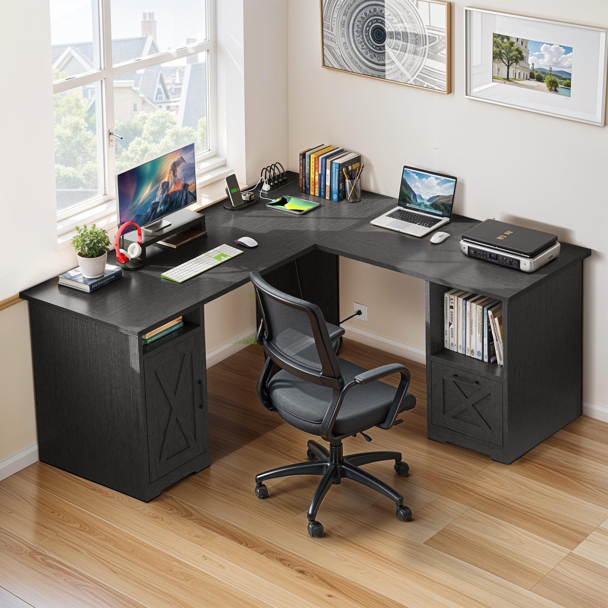 ModFusion 59 Inch L Shaped Corner Computer Desk with Power Outlets & USB Ports, Office Desk with File Drawer, Monitor Stand & Storage Shelves, Black