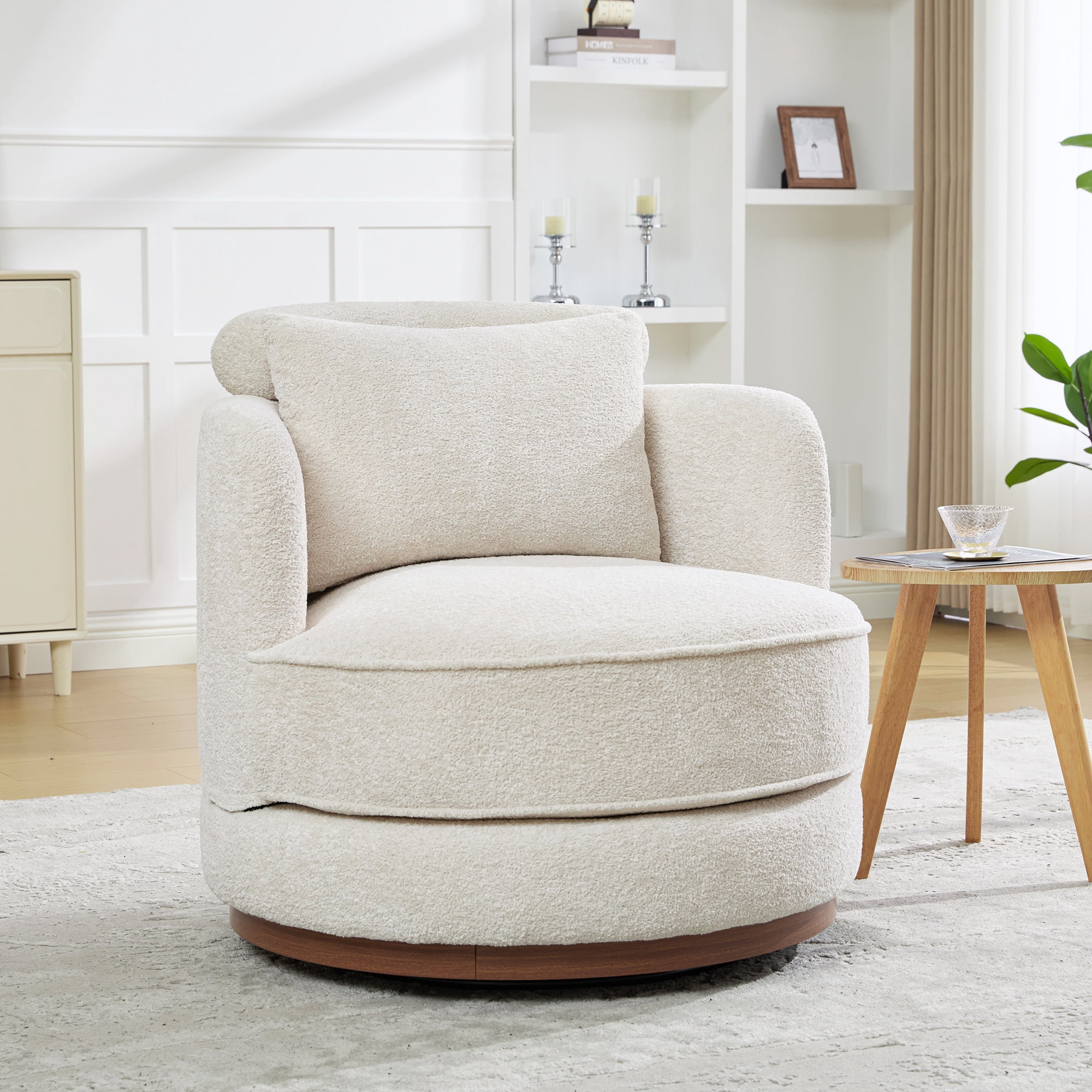 Leumius 360°Swivel Barrel Chair with 1 Plump Pillow and a Circular Wooden Base Ring, Round Chair with Removable Cushion for Living Room Bedroom Apartment,Beige