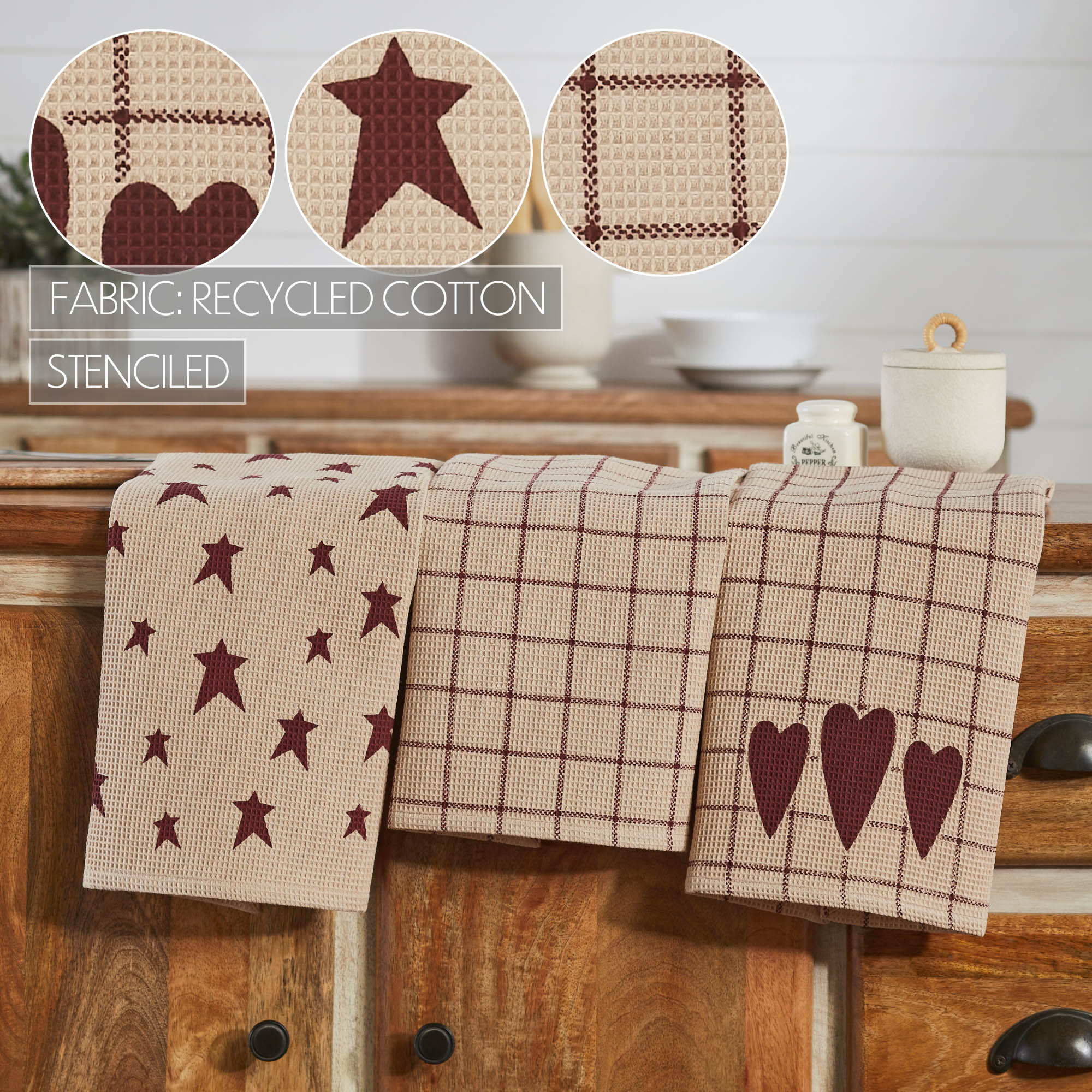 VHC Brands Cotton Kitchen Towel Set of 3, Printed, Tea Towel, Dish Towels, Connell Collection, Rectangle 28x19, Burgundy