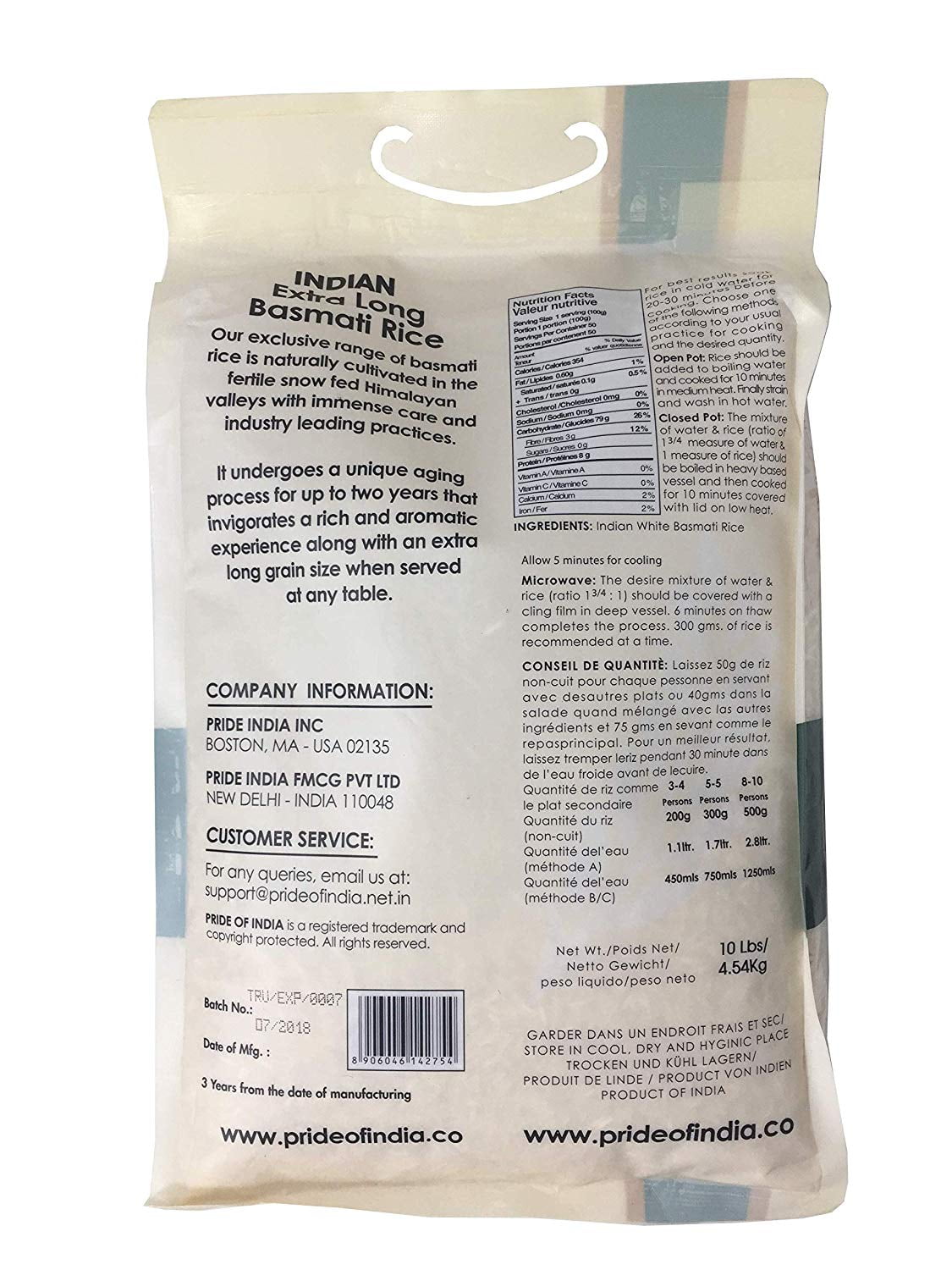 Pride Of India  Naturally Aged White Basmati Rice, Extra Long Grain, 10 lb Rice Bag, Gluten-Free