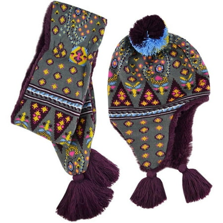 MUK LUKS Faux Fur Lined Helmet and Knit Scarf with Tassels