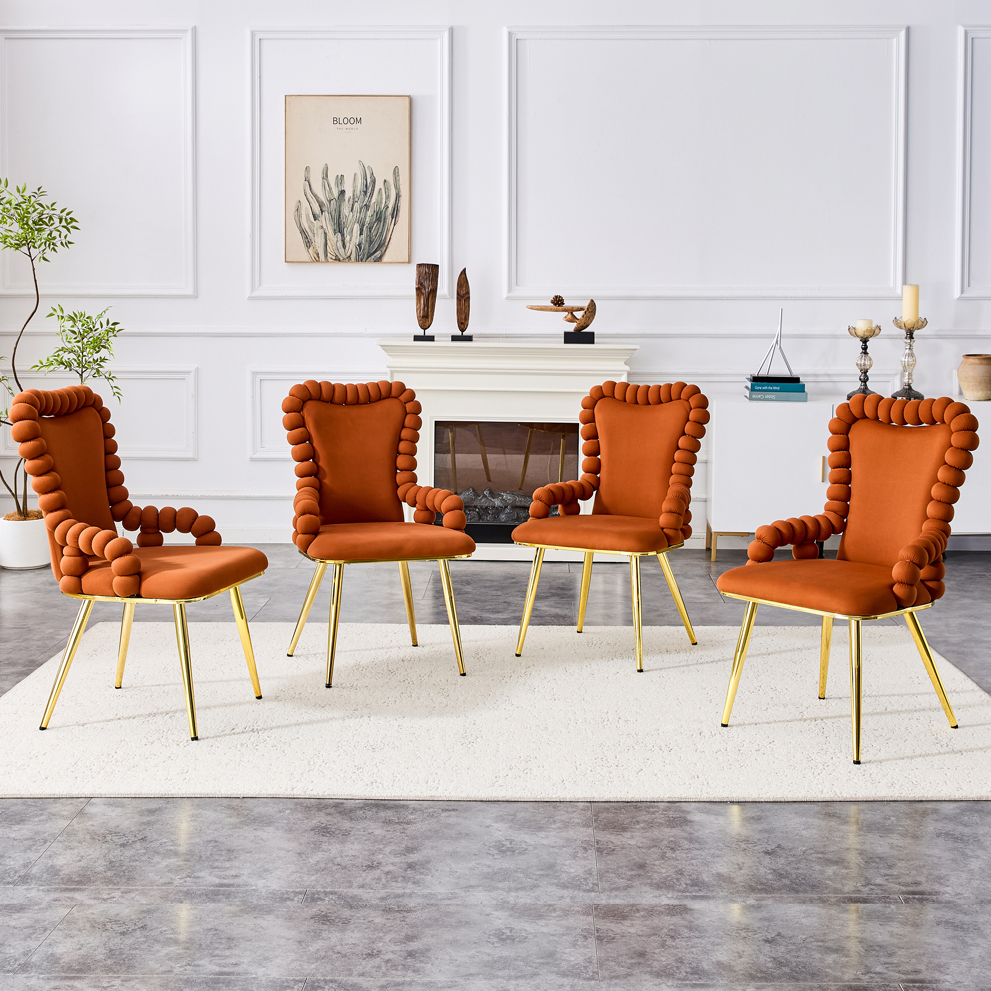 TesNus Set of 2 Brown Velvet Bubble Tufted Dining Chairs with Gold Metal Legs and Armrests for Dining Room