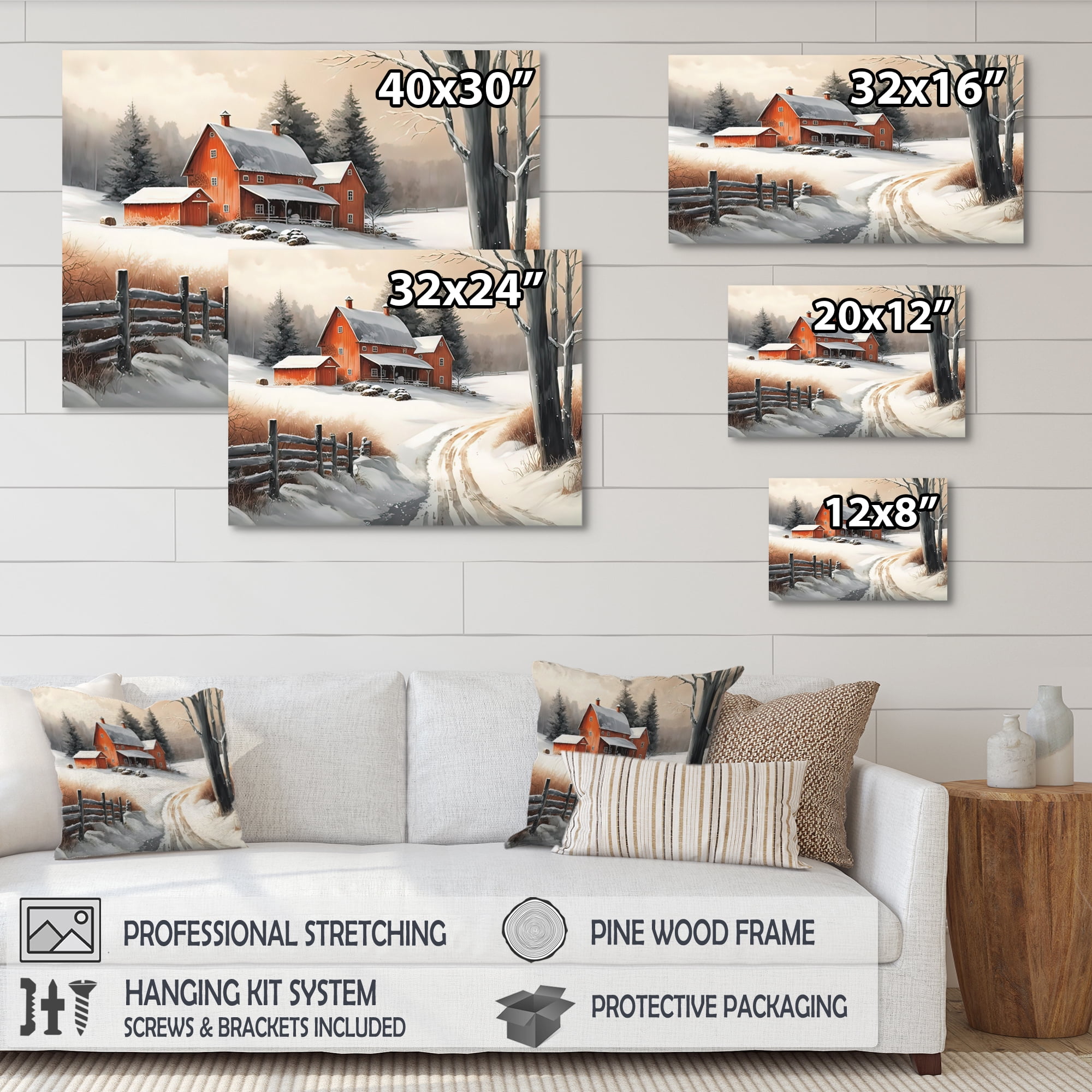 Designart Red Barn Scenery In Winter III Canvas Wall Art