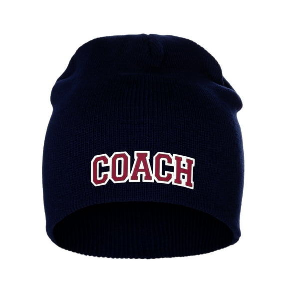 I&W Sports Team Coach Arch Letters Winter Knit Cuffless Beanie 3D Raised Layers, Navy Beanie White Red