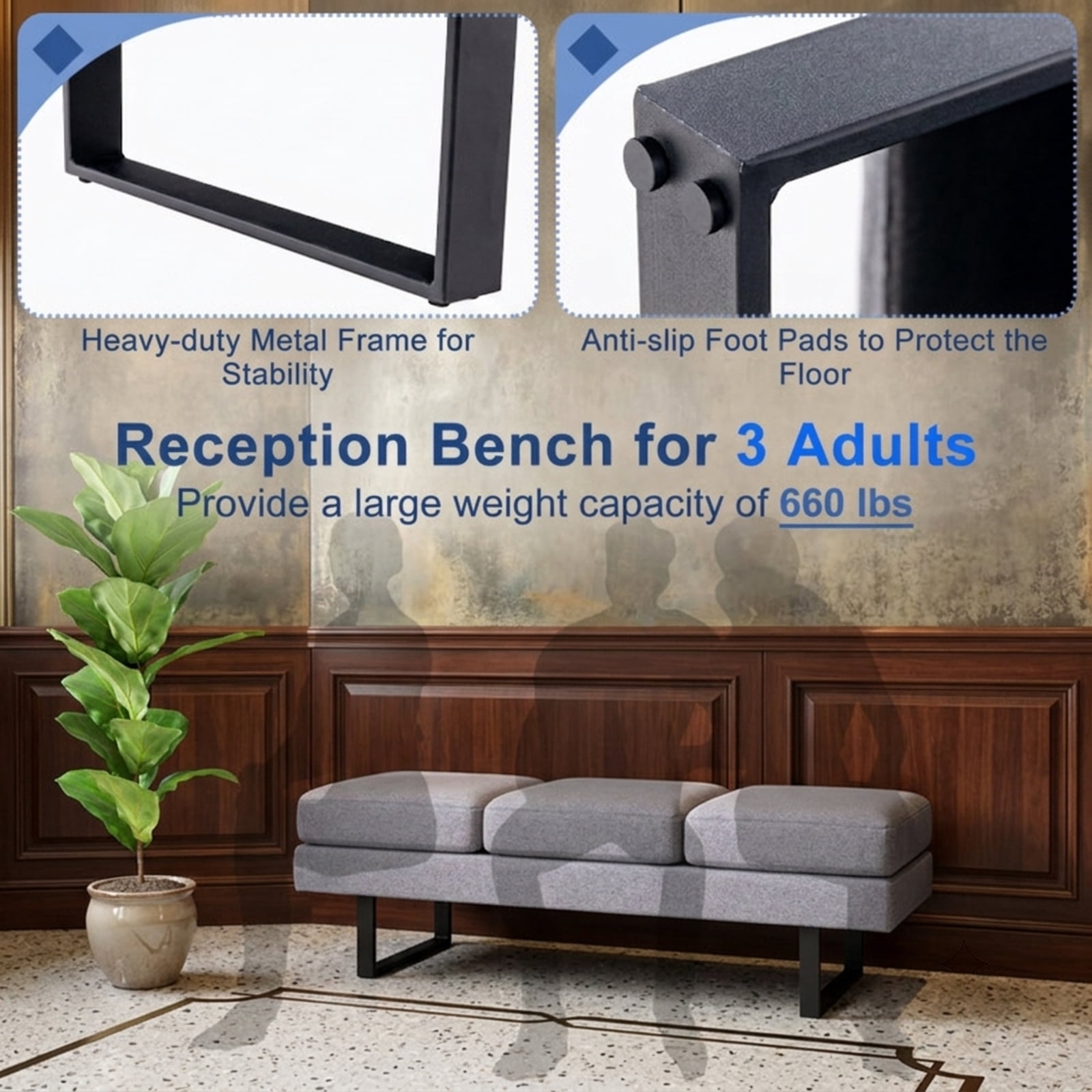 Furnibear 59 Inch Waiting Room Bench with Removable Faux Linen Cushions and Heavy Duty Metal Frame for Reception Office Lobby Long Seating, Gray