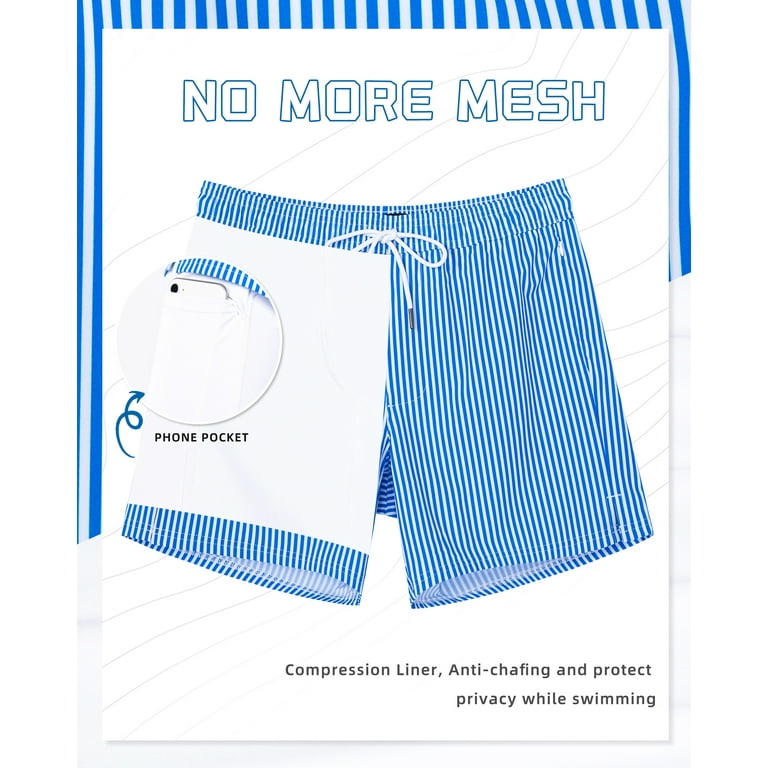 Men's Quick-Dry Swim Trunks With Compression Liner - Blue Stripes Board Shorts, 4 Pockets