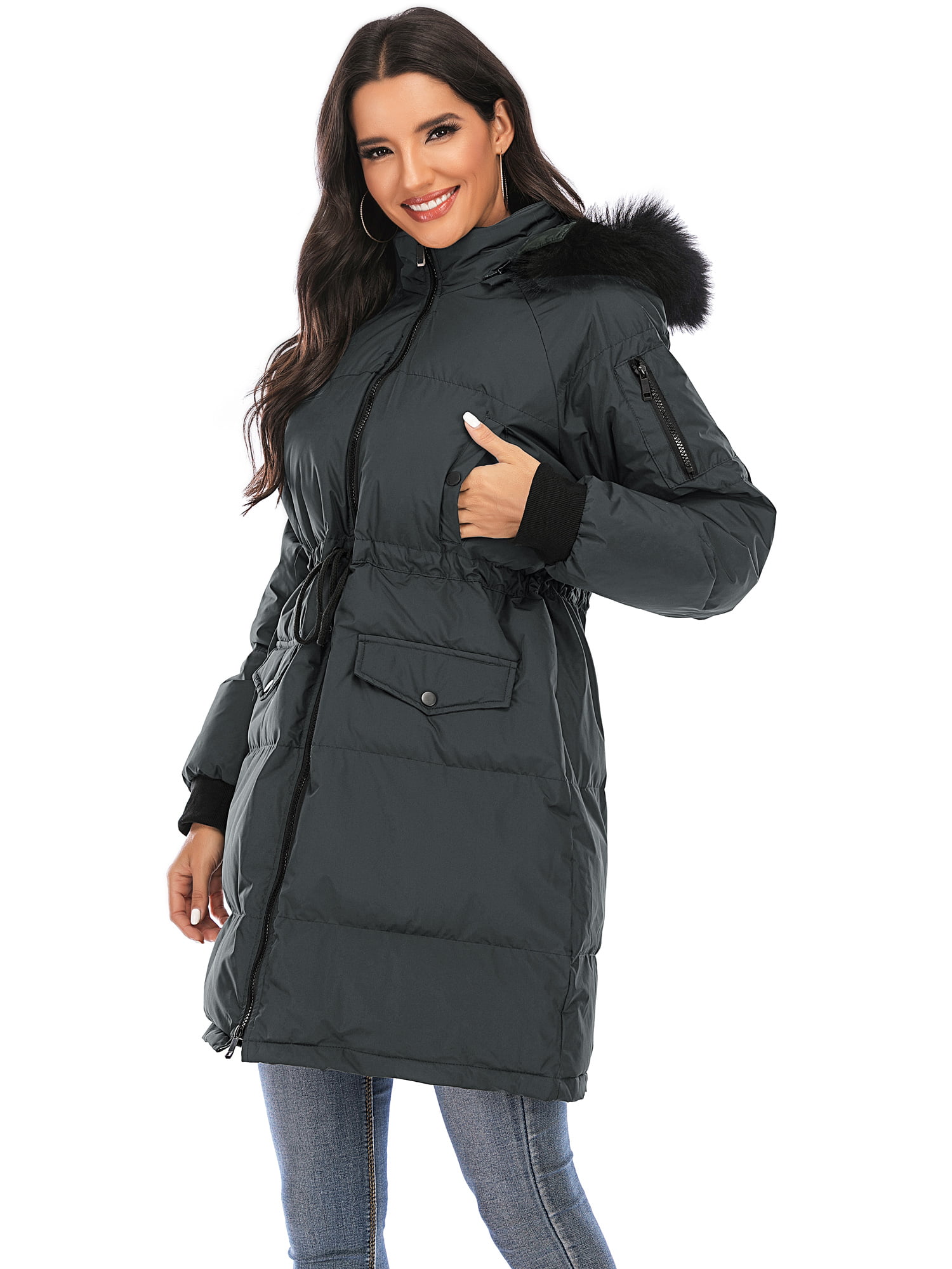 Womens Quilted Puffer Bubble Faux Fur Lined Hood Warm Zip Thick Parka Jacket 