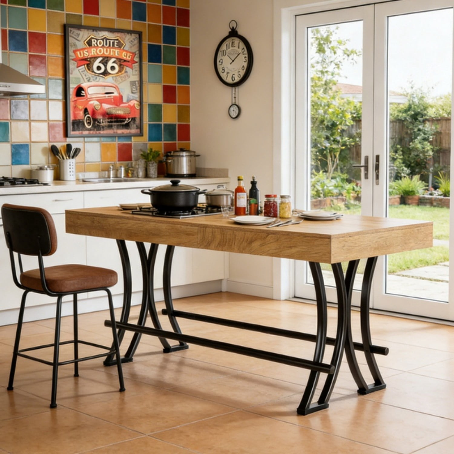 Dining Table, 63 in Rectangular Counter Height Table with Metal Footrest, Industrial Farmhouse Style, Seats 6-8
