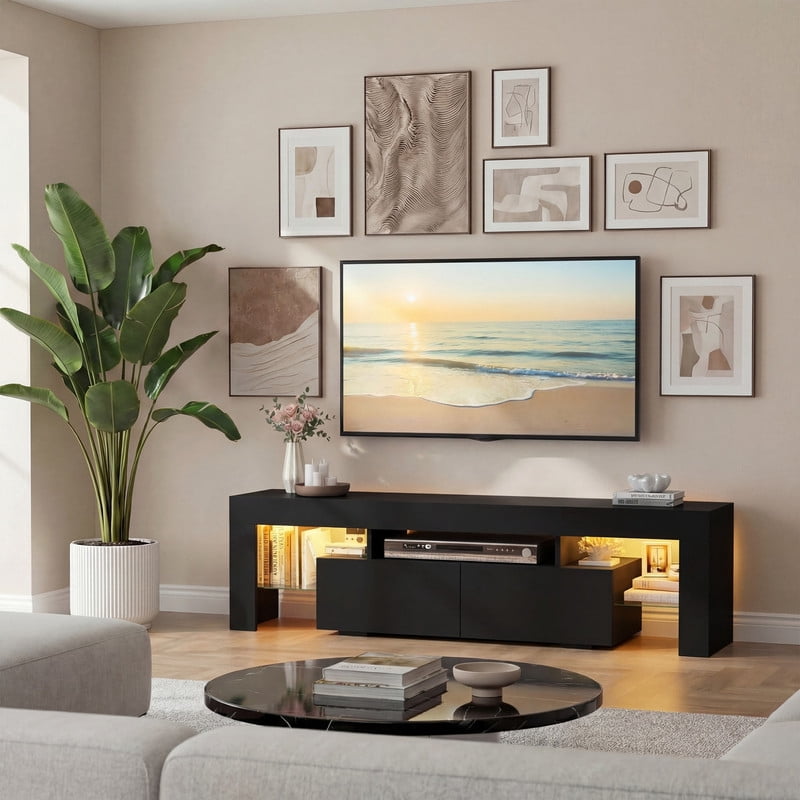 Lacoo 70" LED TV Stand for 70 Inch TV, Modern Media Console with 2 Extra Deep Drawers and RGB Light Strip, Gaming Entertainment Center with Open Glass Shelves