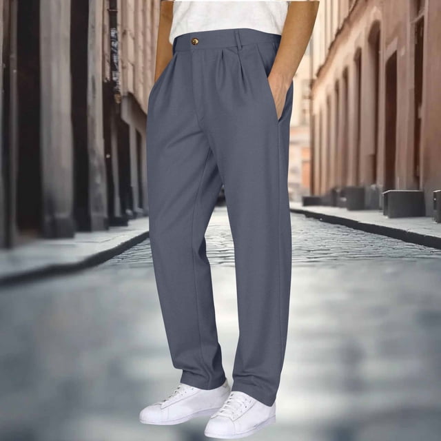Ceisia Men's Solid Color Cotton-Linen-Like Double Pleated Casual Pants, Loose Straight Leg Trousers for Men Gray XXXL Gifts