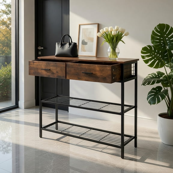 Topcobe 39.5" Entryway Table with 2 Drawers and 2-Tier Shelves, Sofa Side Table for Living Room, Front Hall, Hallway and Foyer, Brown