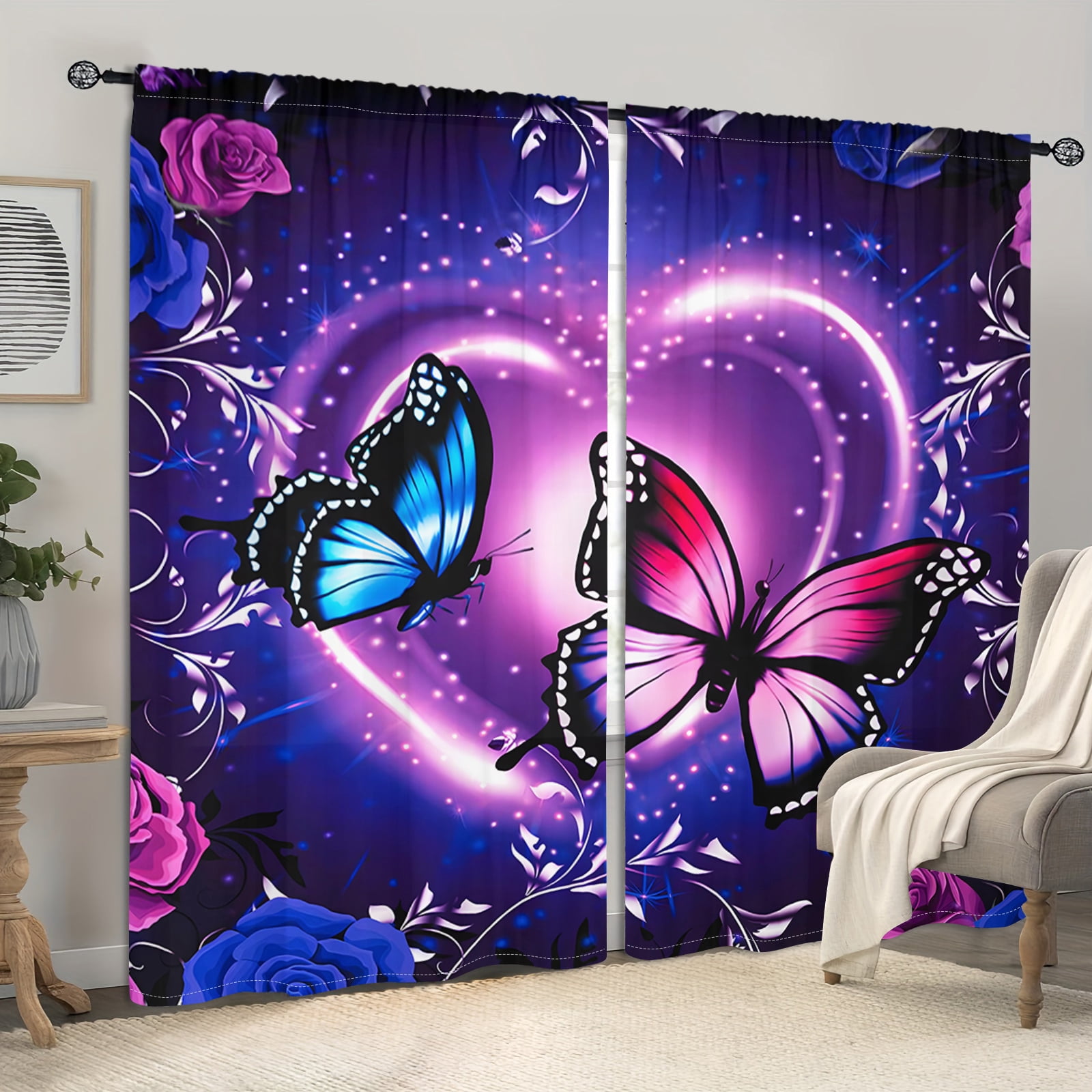 WNOOHIY Vivid Romantic Purple Butterfly Heart Light-Filtering Curtain for Bedroom and Living Room, Set of 2 Panels
