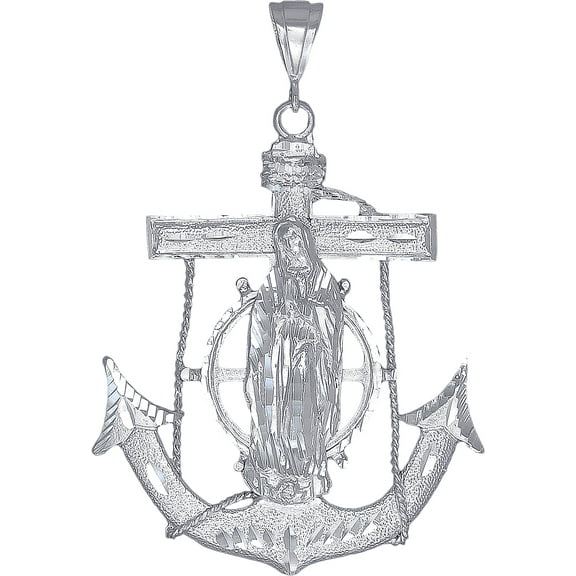 Huge Heavy Sterling Silver Anchor Cross with Virgin Mary Pendant Necklace 3.4 Inches 26 Grams Diamond Cut Finish with Figaro Chain