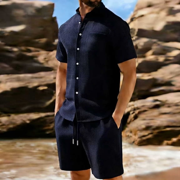 Hogleaql Men's Summer Vacation 2 Piece Outfits Hawaiian Button Short Sleeve Shirts and Shorts with Pockets Elastic Waist Relaxed Fit Dressy Loose Matching Tracksuits Navy 2XL