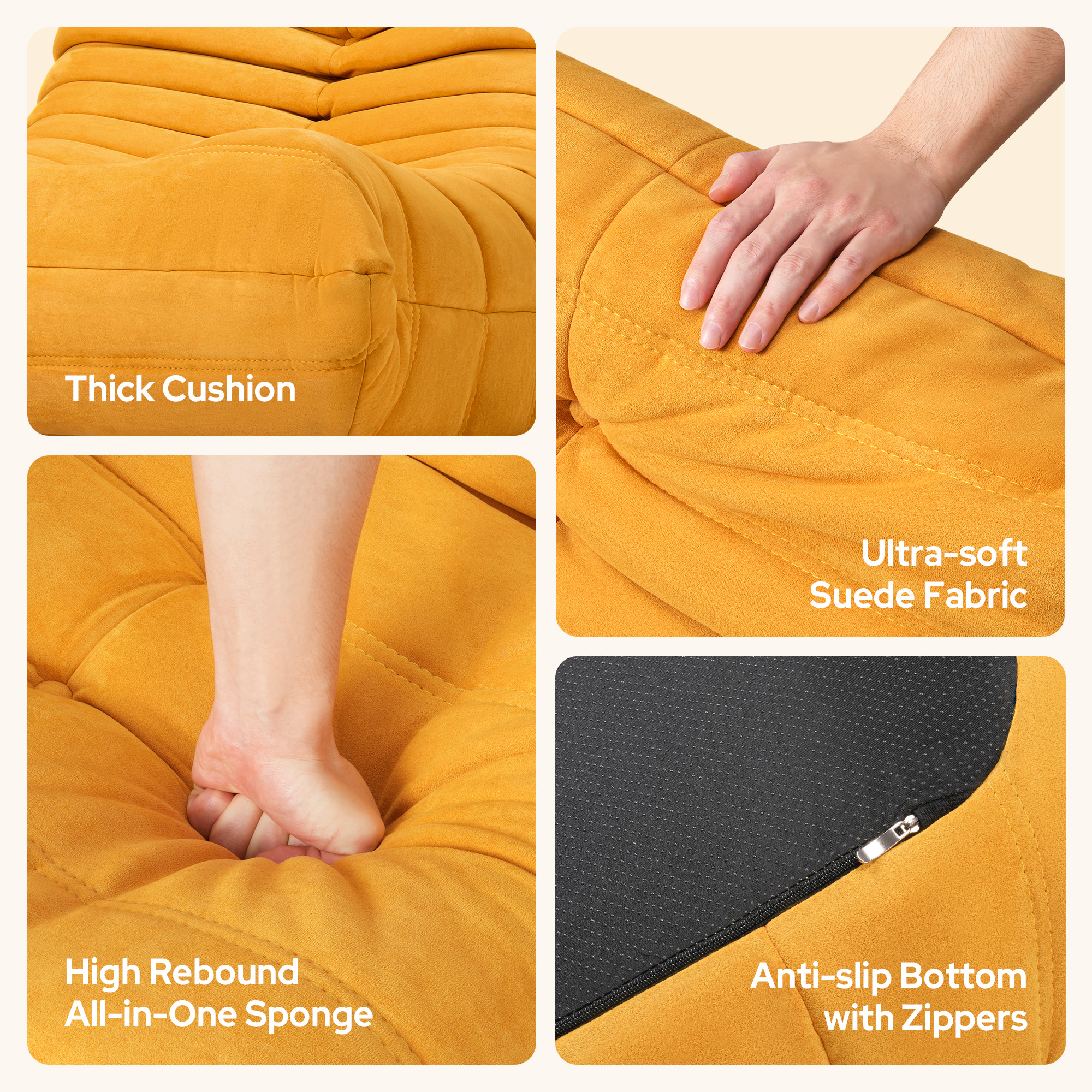 Cottinch Giant Bean Bag Chair Lazy Floor Sofa for Adults, Teens, Memory Foam Sofa Fireside Togo Chair Suede Lounger Couch for Living Room, Bedroom, Yellow