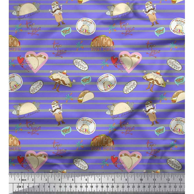 Soimoi Purple Heavy Satin Fabric Tacos & Stripe Print Sewing Fabric Yard 54 Inch Wide