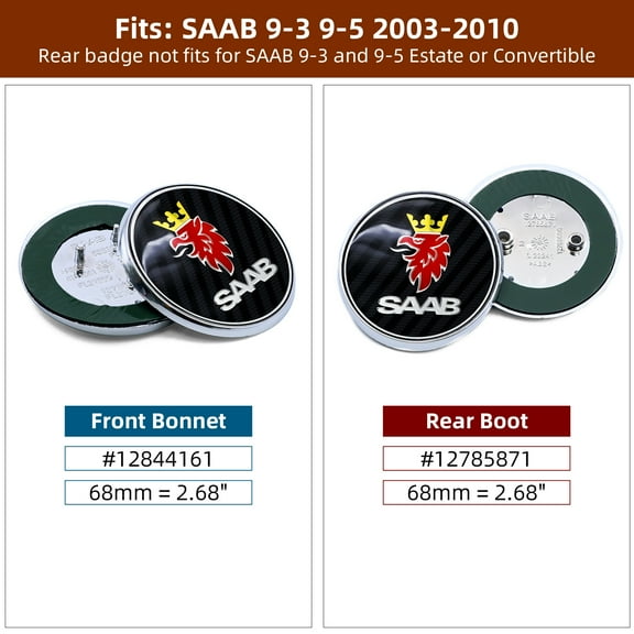 2PCS 68mm Carbon Badge for SAAB 93 9-3 95 9-5 2003-2010 Car Front Bonnet and Rear Boot Badge Emblem Sticker 12844161 12785871