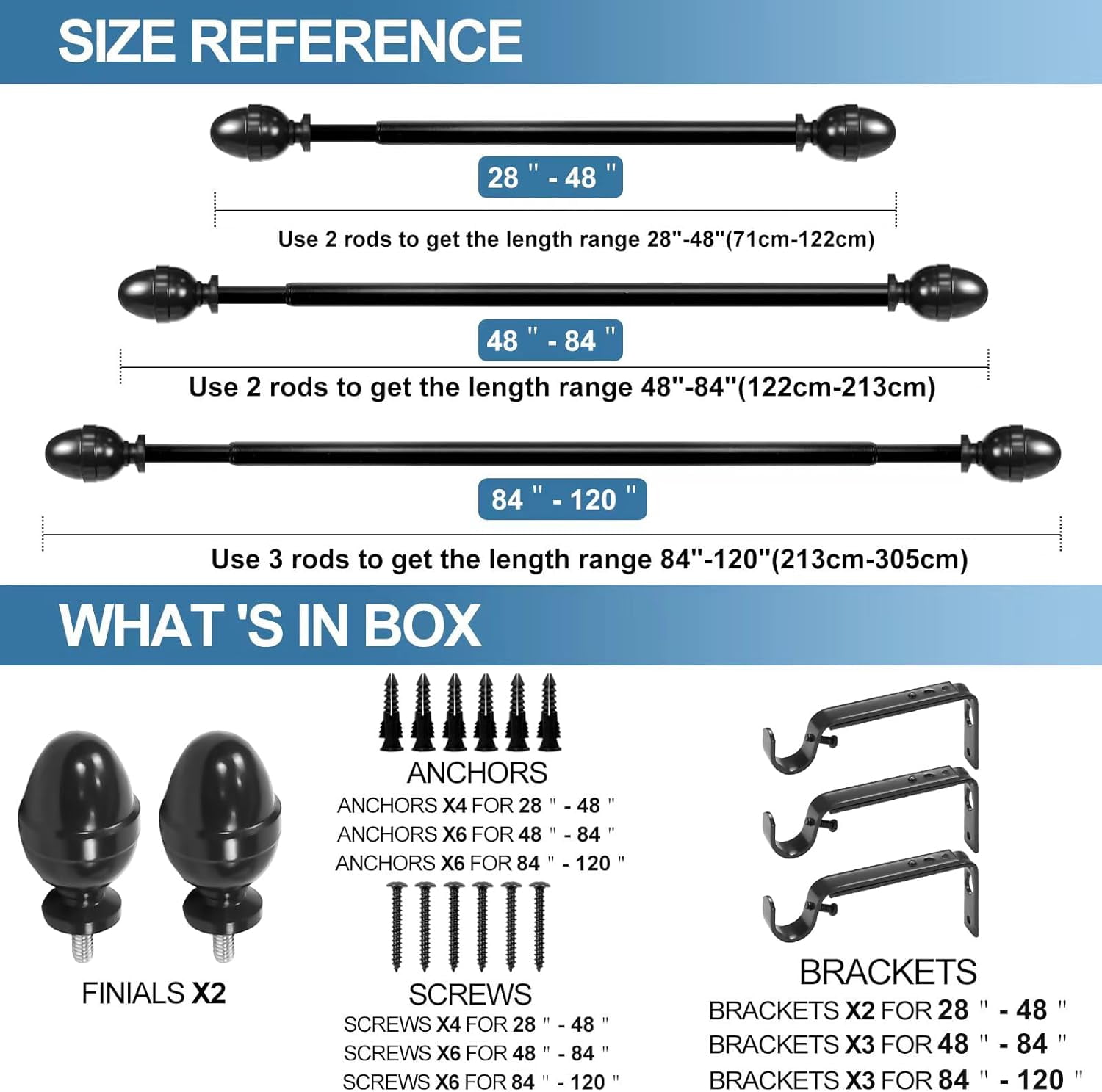 Urbanest Adjustable Single Curtain Rod Set Acorn Finials – 5/8-Inch Diameter, With Black Rod, 84–120 Inches