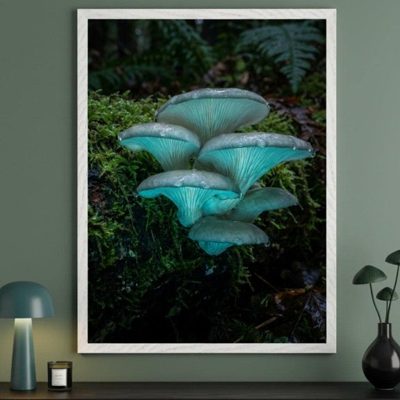 Bioluminescent Mushrooms Ethereal Forest Glow Fantasy Mossy Log Magical Nature Glowing Fungi Mystic Woodland Nursery Poster , Poster Print Only