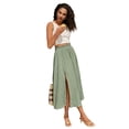 thumbnail image 4 of Women'S High Waist Solid Midi Skirt with Split Thigh and Pleated Paperbag Waist Green XL, 4 of 9