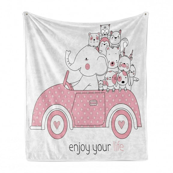 Cartoon Soft Flannel Fleece Throw Blanket, Bunny Bear Fox Penguin Owl in Polka Dotted Car Soft Colored, Cozy Plush for Indoor and Outdoor Use, 50" x 70", Pastel Pink and White, by Ambesonne