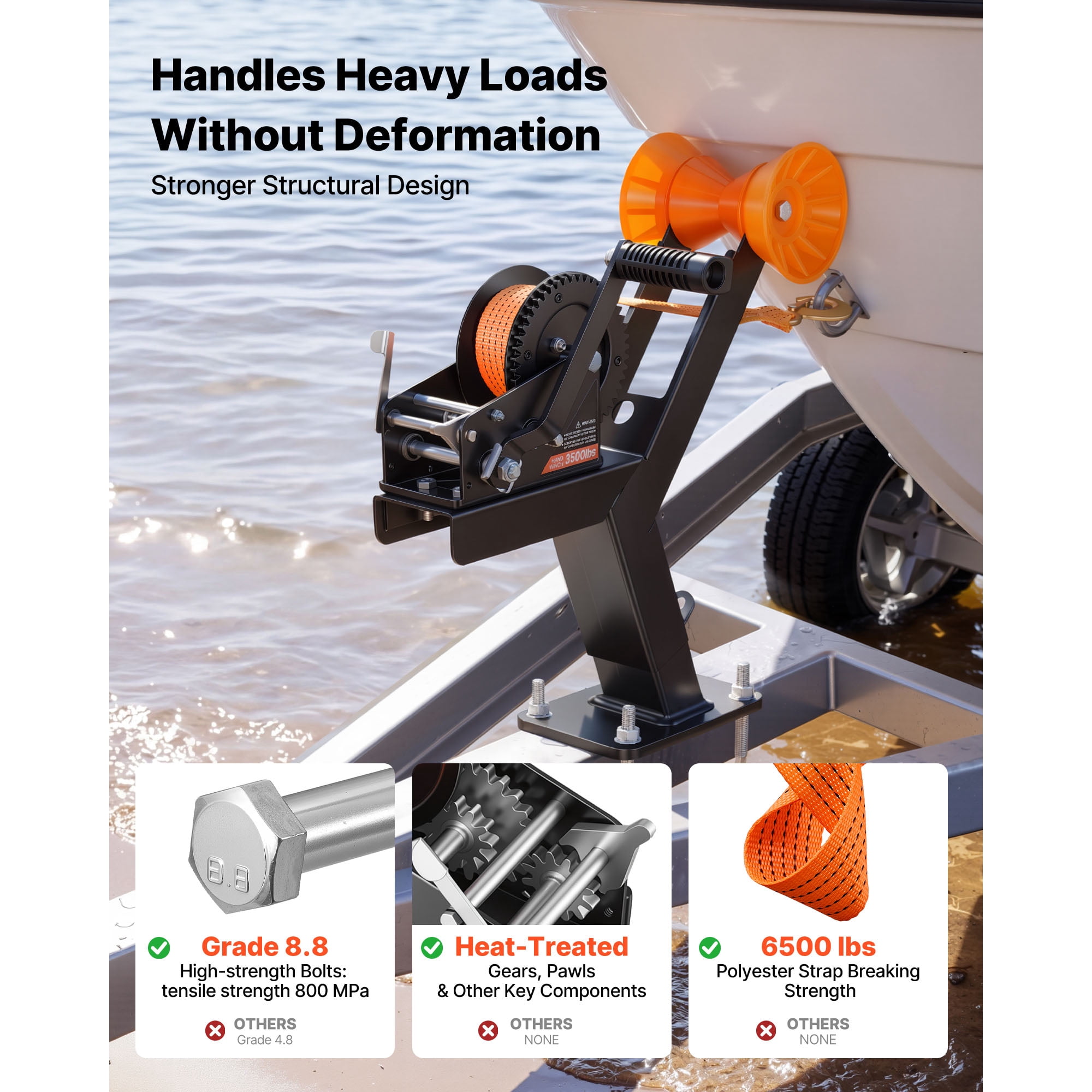 KFFKFF Boat Trailer Winch Stand with Roller, 3500 lbs Capacity, 20ft Durable Orange Polyester Strap, Winch Mount for 2-3 Inches Wide x 3-4 Inches High Trailer Tongue, Suitable for Jet Skis, Sailboats